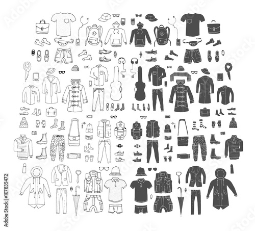Big hand drawn collection of trendy clothes and accessories for man. Look Book. Isolated.