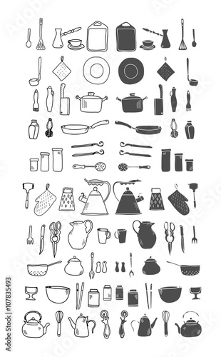 Kitchenware. Doodle set in vector isolated on a white background. Hand drawn illustration.