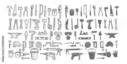 Construction tool collection. Doodles. Isolated.