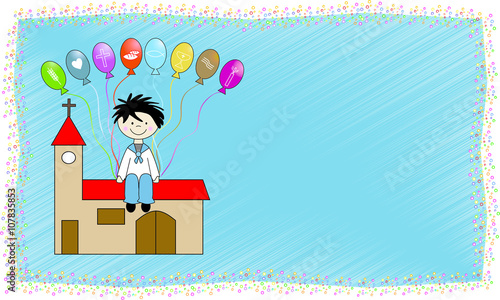 Boy communion on church holding balloons on a blue background
