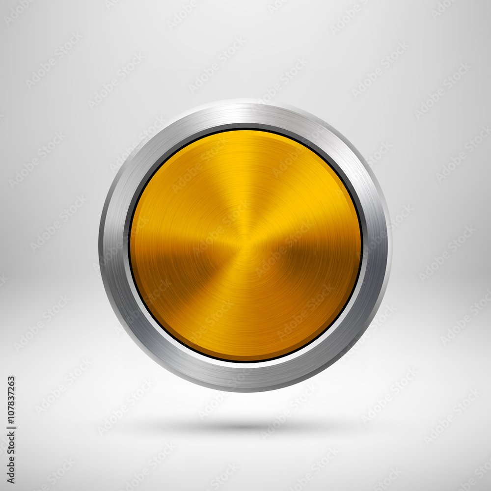 Gold abstract circle geometric badge, technology perforated button template with metal texture, chrome, silver, steel and realistic shadow for logo, design concepts, apps. Vector illustration. Gold abstract circle geometric badge, technology perforated button template with metal texture, chrome, silver, steel and realistic shadow for logo, design concepts, apps. Vector illustration.