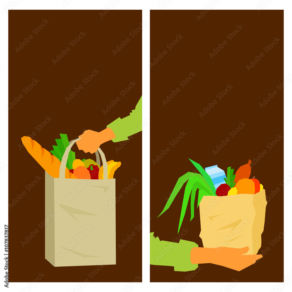 Naklejka Paper bags with healthy food: vegetables, fruits, bread, edible greens, milk. Advertisement flyers, banners, posters in modern flat design style. Eco-friendly packing. Template for promotion leaflet.