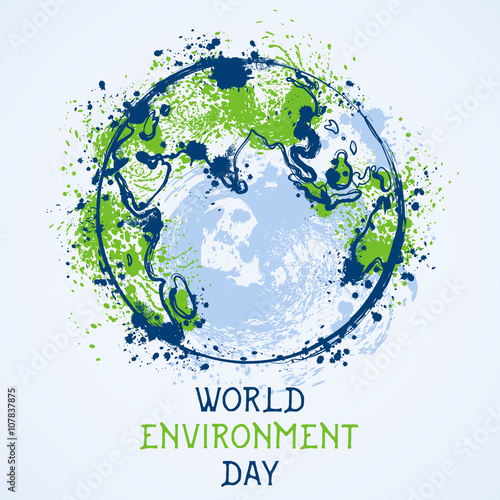 World environment day. Earth globe with splashes in watercolor style art.. Concept design for banner, greeting card, t-shirt, print, poster. Vector illustration