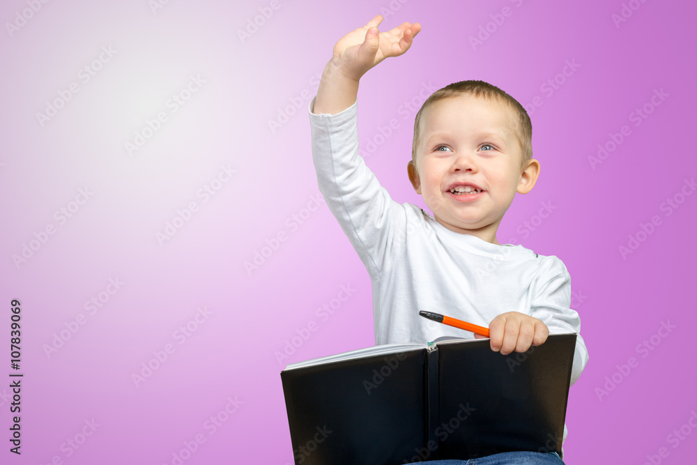 cheerful little boy raised his hand up cheerful little boy raised his hand up