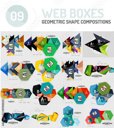 Set of web internet boxes with buttons and sample text