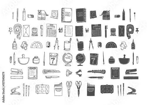 Set of stationery. Big hand drawn collection on a white background. Isolated