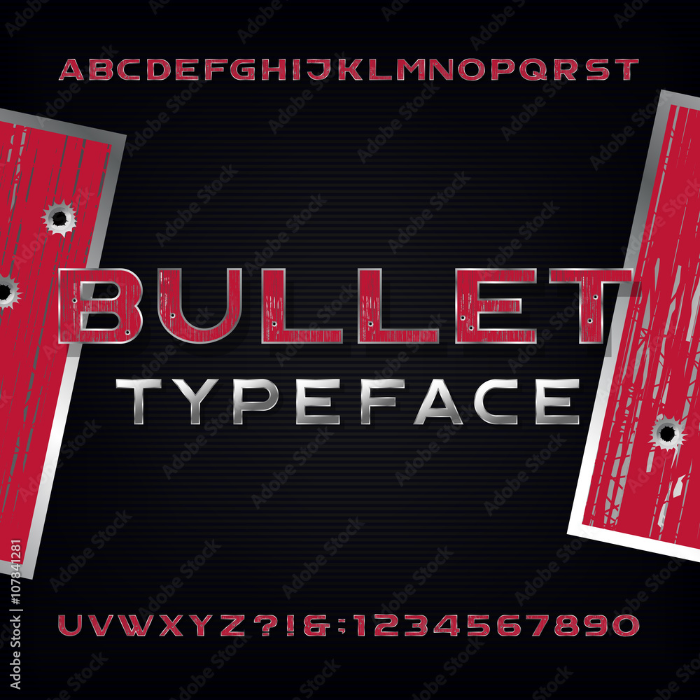 Vecteur Stock Bullet Hole Alphabet Vector Font. Distressed metallic