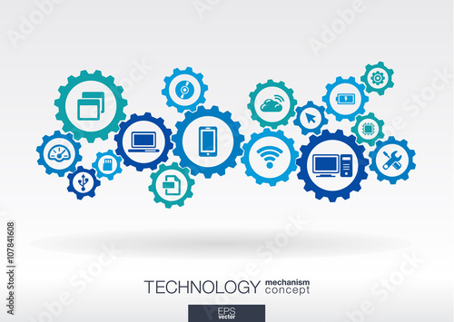 Technology mechanism concept. Abstract background with integrated gears and icons for digital, internet, network, connect, communicate, social media and global concepts. Vector infograph illustration
