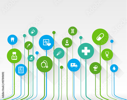 Abstract medicine background with lines, circles and flat icons. Growth concept contains medical, health, healthcare, nurse, tooth, thermometer, pills and cross icons. Vector illustration.