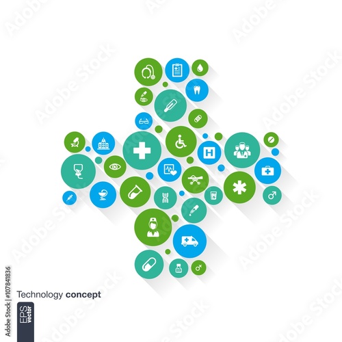Abstract medicine background with cross, circles and flat icons. Concept contains medical, health, healthcare, nurse, tooth, thermometer, pills and cross pictograms. Vector illustration.