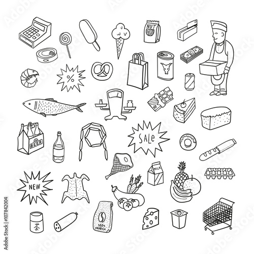 Hand drawn collection of supermarket symbols. Food, drinks, bake
