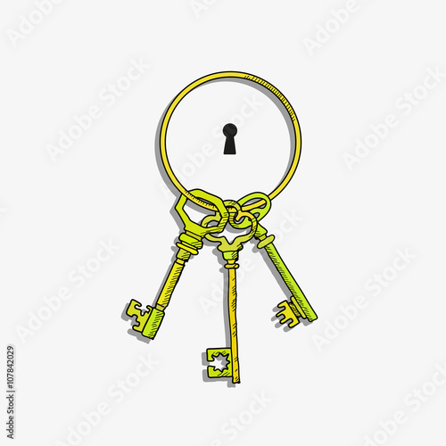 Bunch of keys. Hand drawn illustration. Isolated
