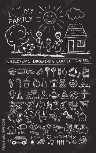 Child hand drawing illustration of happy family with kids near home, sun, dog. School blackboard sketch image of children pencil painting vector doodles set