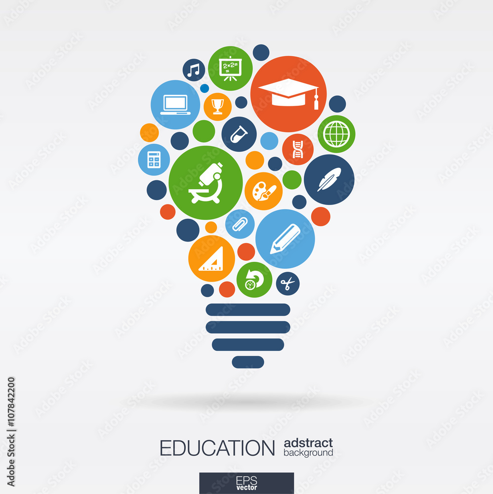 Color circles, flat icons in a bulb shape, education, school, science, knowledge, elearning concepts. Abstract background with connected objects in integrated group of elements. Vector illustration. Color circles, flat icons in a bulb shape, education, school, science, knowledge, elearning concepts. Abstract background with connected objects in integrated group of elements. Vector illustration.