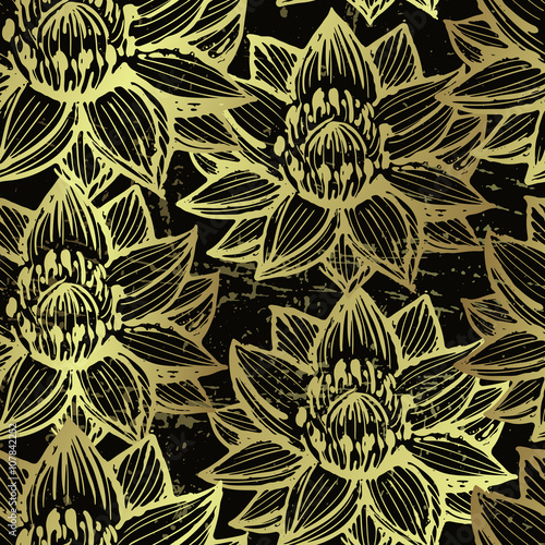 Golden lotus seamless pattern