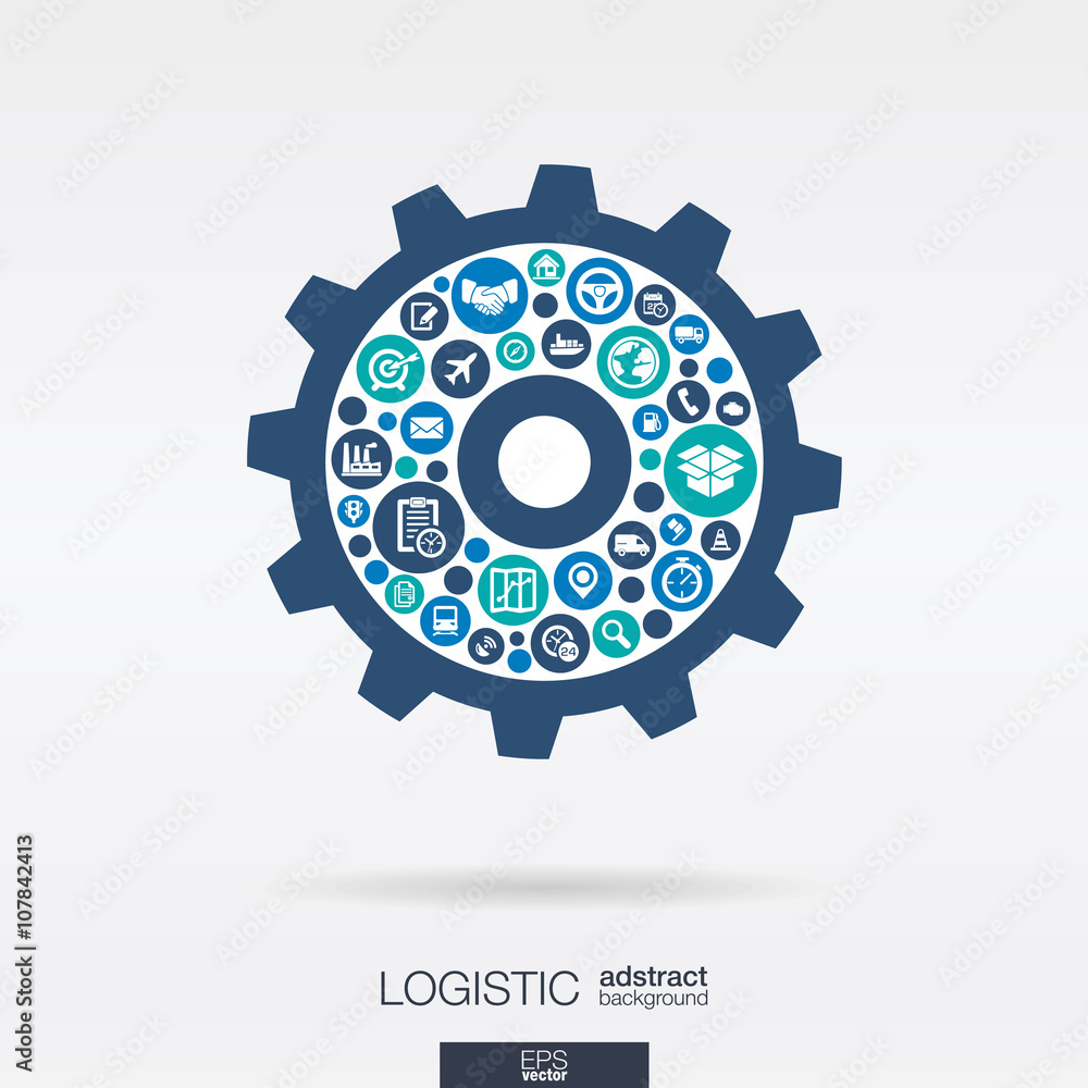 Color circles, icons in a cogwheel shape for distribution and delivery service, shipping, logistic, transport, market mechanism concepts. Abstract background with connected objects. Vector