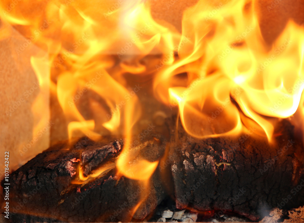 Fototapeta premium Burning flames in the fireplace close up