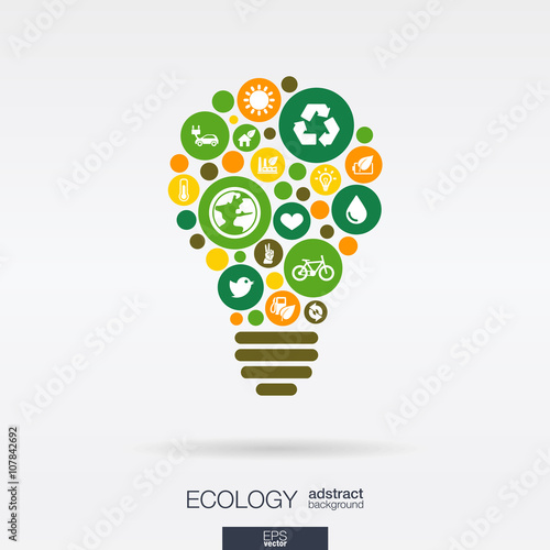 Color circles, flat icons in a bulb shape, ecology, earth, green, recycling, nature, eco car concepts. Abstract background with connected objects in integrated group of elements. Vector illustration.