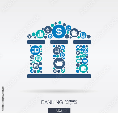 Color circles, flat icons in a bank building shape, banking, money, card, business and  finance concept. Abstract background with connected objects in integrated group of elements. Vector illustration