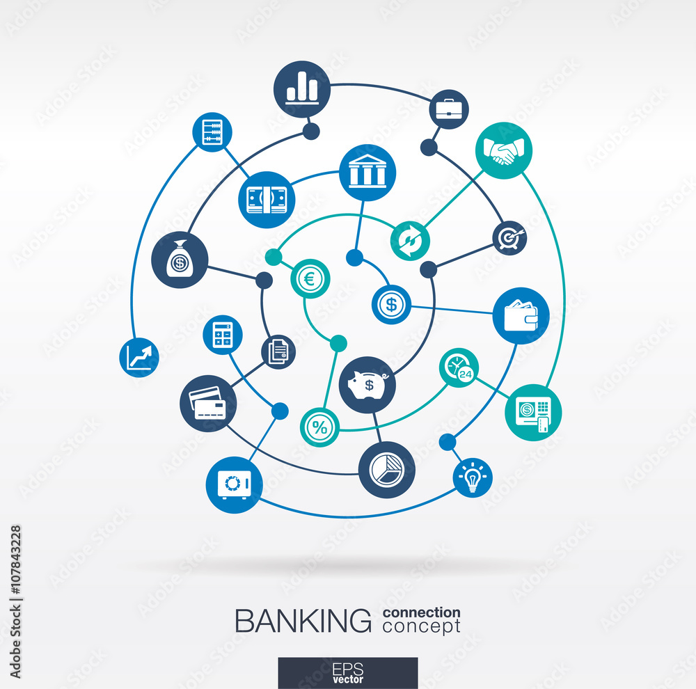 Banking network. Circles abstract background with lines and integrate flat icons. Connected symbols for money, card, bank, business and finance concepts. Vector interactive illustration Banking network. Circles abstract background with lines and integrate flat icons. Connected symbols for money, card, bank, business and finance concepts. Vector interactive illustration