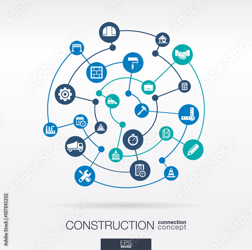 Construction network. Abstract background with lines, circles, and integrated flat icons. Connected symbols for build, industry, architectural, engineering concepts. Vector infograph illustration