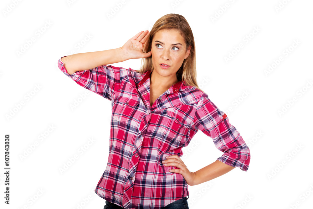 Portrait of woman overhearing a conversation Portrait of woman overhearing a conversation