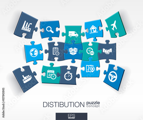 Abstract distribution background with connected color puzzles, integrated flat icon. 3d concept with Delivery, service, shipping, logistic, transport, market pieces in perspective. Vector illustration