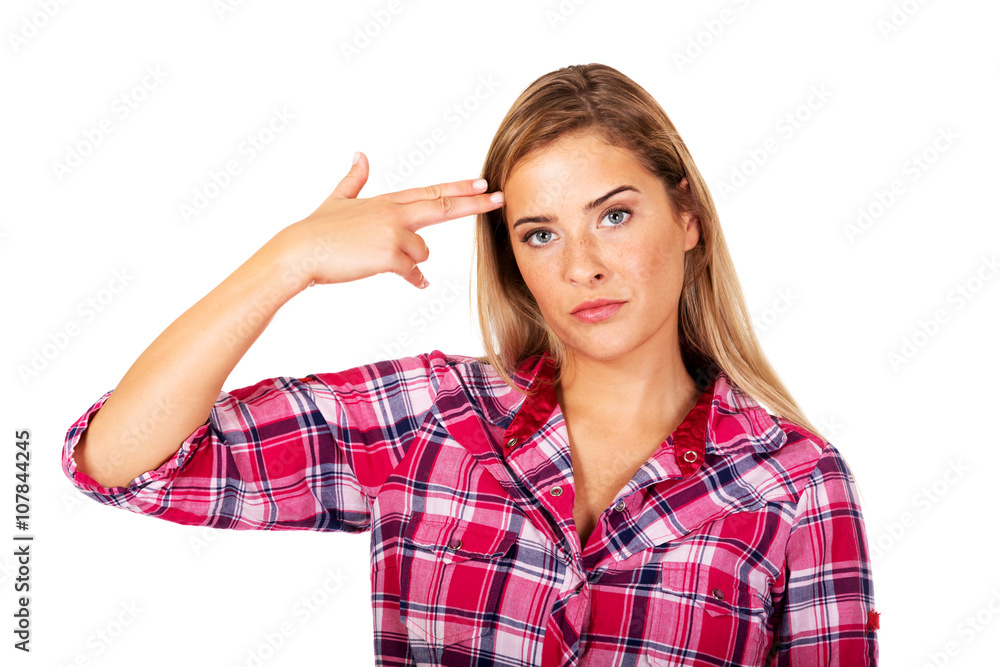 Young woman committing suicide with fingers gun Young woman committing suicide with fingers gun
