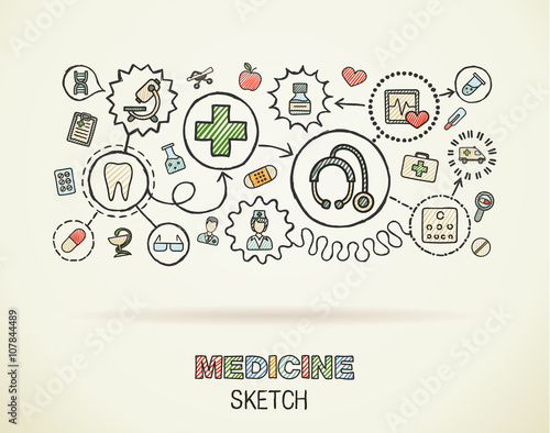 Medical hand draw integrated icon set on paper. Colorful vector sketch infographic illustration. Connected doodle color pictograms, healthcare, doctor, medicine, science, pharmacy interactive concept