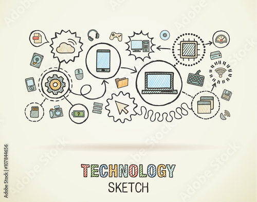 Technology hand draw integrate icons set on paper. Colorful vector sketch infographic illustration. Connected doodle pictograms, internet, digital, market, media, computer, network interactive concept