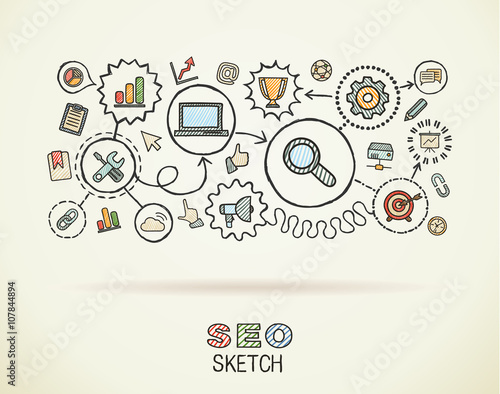 SEO hand draw integrated icons set on paper. Colorful vector sketch infographic illustration. Connected doodle pictograms, marketing, network, analytic, technology, optimize, interactive concept