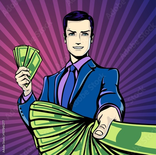 Vector illustration of successful businessman smiling counting money dollars, smirking in pop art comics retro style or cartoon style casting shadow, Halftone. Conception of charm.