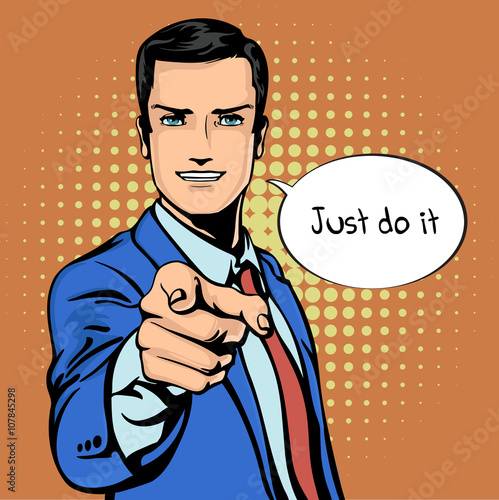 Vector illustration of successful businessman pointing finger in vintage pop art comics retro style. Likes and positive feel. Gesture good, agree and smile. 