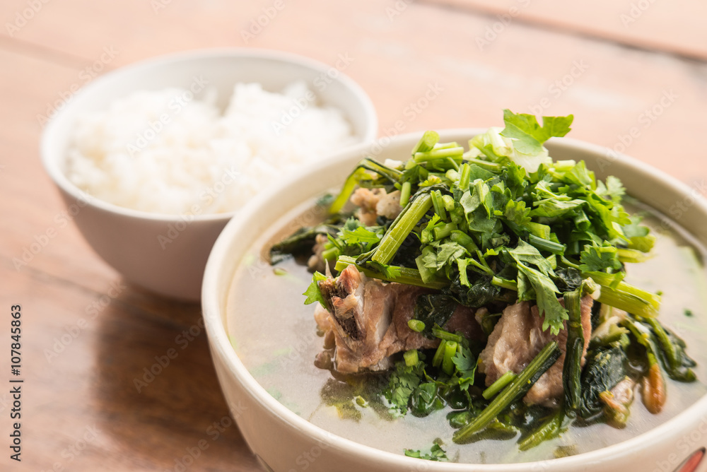Curry Choy , vegetable Curry , Rice on wooden floor. Curry Choy , vegetable Curry , Rice on wooden floor.