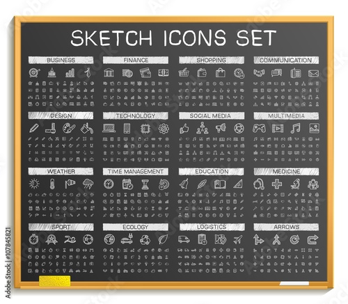 Hand drawing line icons. Vector doodle pictogram set, chalk sketch sign illustration on blackboard. Web, app, mobile, business and finance, technology, time, medical, education,  sport and transport