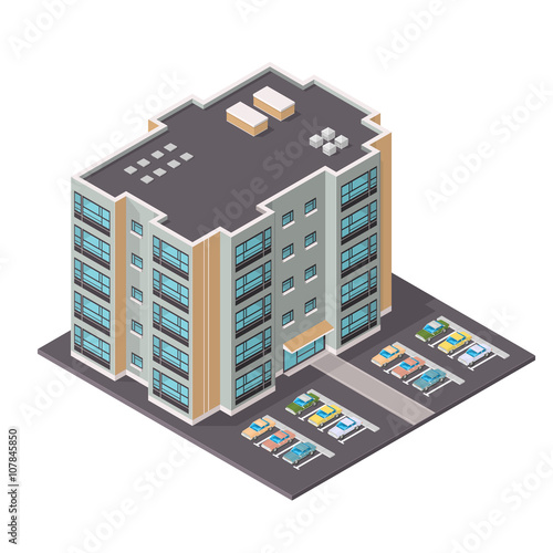 Vector Isometric Icon of modern apartments.
Modern flats with cars and parking lot.