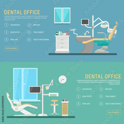 Vector flat banners dental office with seat and equipment tools. Medical arm-chair illustration. Colorful template for you design, web and mobile applications
