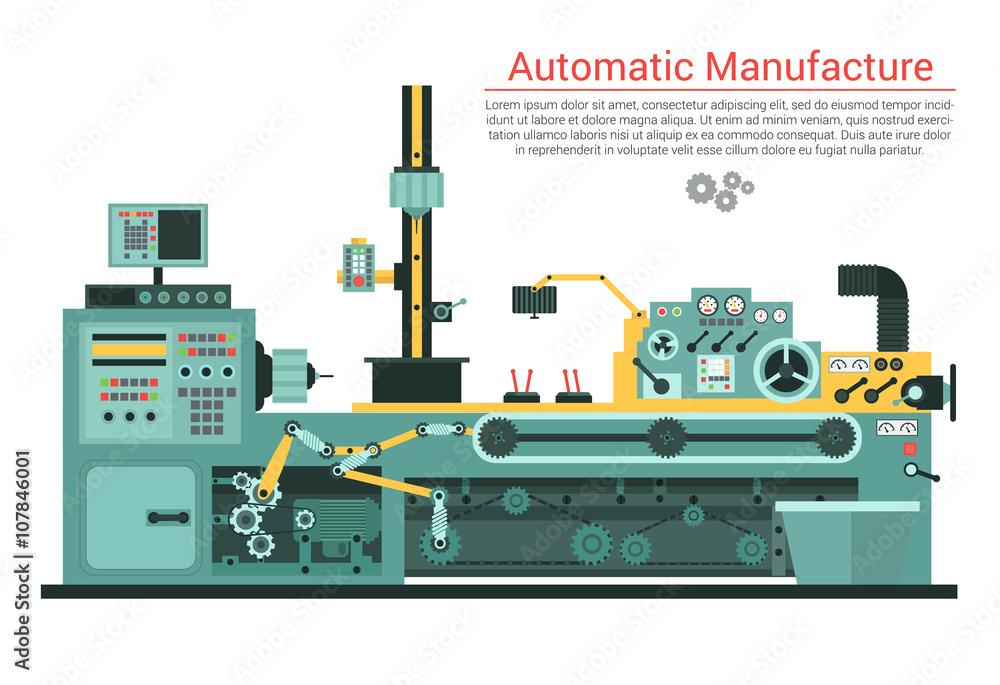 Fototapeta premium Vector flat illustration of complex engineering machine with pump, pipe, cable, cog wheel, transformation, rotating details. Industrial mechanical revolution of manufacturing equipment