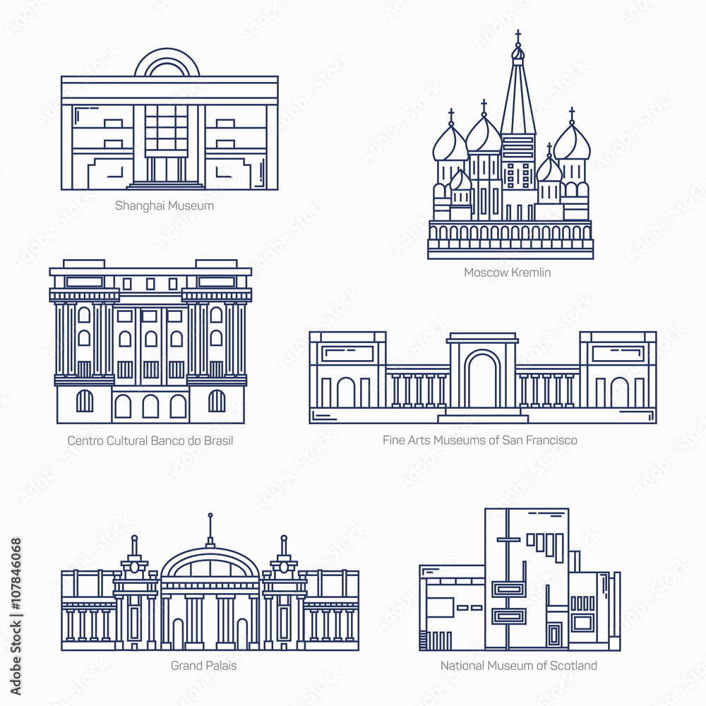 Monuments thin line vector icons. Shanghai museum, Moscow Kremlin, Bank of Brazil Cultural Center, Fine Arts Museums of San Francisco, Grand Palais, National museum of Scotland. Famous world museums. 