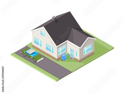 Vector Isometric House illustration with family car.  Domestic home with garden and family transport. © grimgram