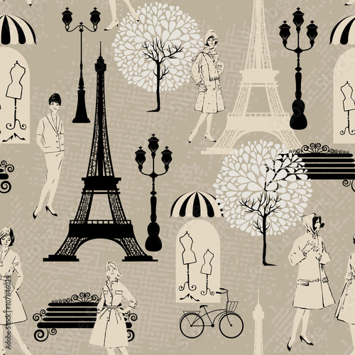 Seamless pattern - Effel Tower, street lights, old fashioned gir
