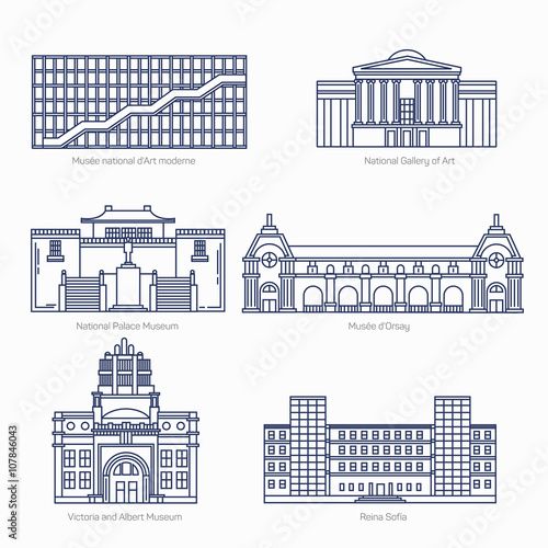 Monuments thin line vector icons. National Gallery of Art, National Palace Museum, Orsay, Victoria and Albert Museum, Sofia. Famous world museums.