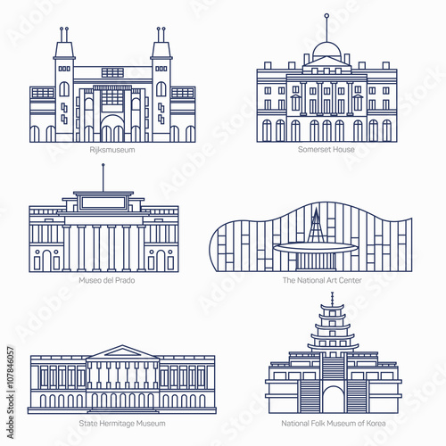 Monuments thin line vector icons. Amsterdam state museum, Somerset House, The National Art Center, State Hermitage Museum, National Folk Museum of Korea. Famous world museums.