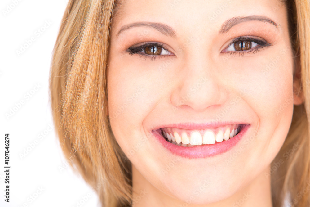 young blonde smiling woman portrait with perfect teeth isolated on white young blonde smiling woman portrait with perfect teeth isolated on white