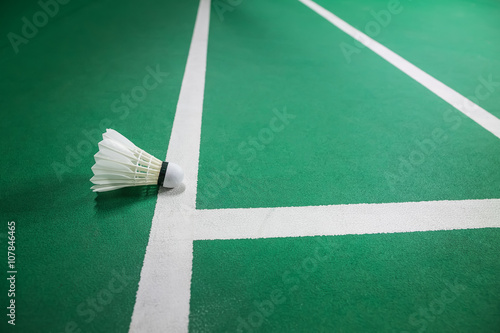Indoor Badminton ball on green Badminton court