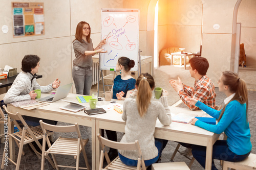 Young People listening Presentation of female Manager