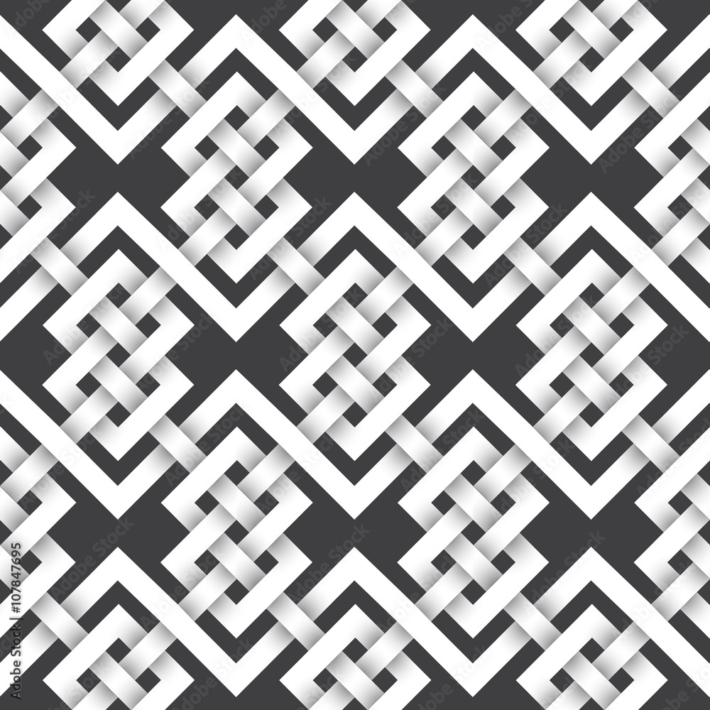 Abstract repeating pattern background of white twisted strips. Swatch of intertwined zigzag and knotting lines. Seamless pattern in celtic style with volume effect.