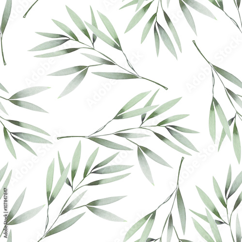 Seamless floral pattern with the watercolor green leaves on the branches, hand drawn on a white background