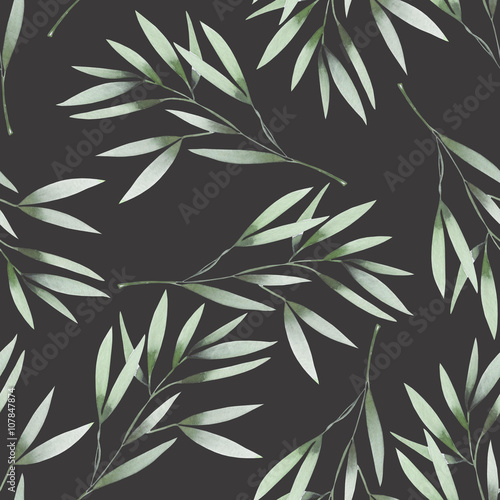 Fototapeta Naklejka Na Ścianę i Meble -  Seamless floral pattern with the watercolor green leaves on the branches, hand drawn on a dark background