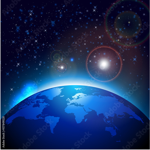 Fototapeta Naklejka Na Ścianę i Meble -  Planet earth with sunrise in space. Vector space background